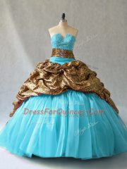 Fantastic Aqua Blue Sleeveless Organza and Printed Lace Up 15 Quinceanera Dress for Sweet 16 and Quinceanera