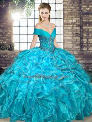 Elegant Floor Length Aqua Blue Ball Gown Prom Dress Off The Shoulder Sleeveless Lace Up