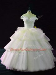 Pink Organza Lace Up Off The Shoulder Sleeveless Sweet 16 Dress Brush Train Beading and Ruffled Layers