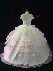 Pink Organza Lace Up Off The Shoulder Sleeveless Sweet 16 Dress Brush Train Beading and Ruffled Layers