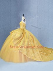 Custom Designed Beading and Appliques Quinceanera Gowns Gold Lace Up Sleeveless Court Train