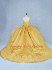 Custom Designed Beading and Appliques Quinceanera Gowns Gold Lace Up Sleeveless Court Train