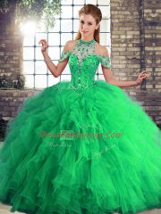 Unique Sleeveless Tulle Floor Length Lace Up Vestidos de Quinceanera in Green with Beading and Ruffles