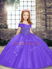 Fashionable Lavender Ball Gowns Straps Sleeveless Tulle Floor Length Lace Up Beading Little Girls Pageant Gowns
