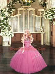 Comfortable Rose Pink Halter Top Neckline Beading 15 Quinceanera Dress Sleeveless Lace Up