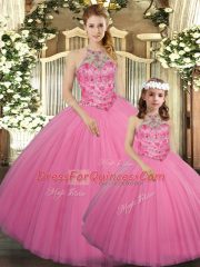 Comfortable Rose Pink Halter Top Neckline Beading 15 Quinceanera Dress Sleeveless Lace Up