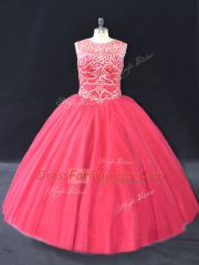 Coral Red Tulle Lace Up 15th Birthday Dress Long Sleeves Floor Length Beading