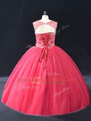Coral Red Tulle Lace Up 15th Birthday Dress Long Sleeves Floor Length Beading