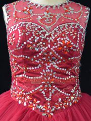 Coral Red Tulle Lace Up 15th Birthday Dress Long Sleeves Floor Length Beading