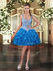 Straps Sleeveless Mini Length Beading and Ruffles Blue Organza