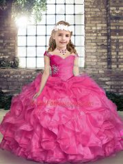 Inexpensive Straps Sleeveless Organza Kids Formal Wear Beading and Ruffles Lace Up