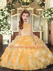 Stunning Gold Sleeveless Organza Backless Child Pageant Dress for Prom and Sweet 16 and Wedding Party