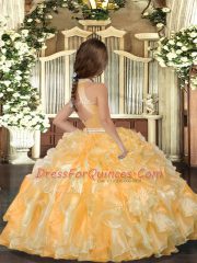 Stunning Gold Sleeveless Organza Backless Child Pageant Dress for Prom and Sweet 16 and Wedding Party