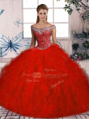 Fancy Red Sleeveless Beading and Ruffles Lace Up Sweet 16 Quinceanera Dress