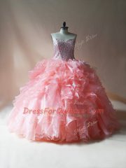 Designer Sleeveless Floor Length Beading and Ruffles Lace Up 15 Quinceanera Dress with Pink