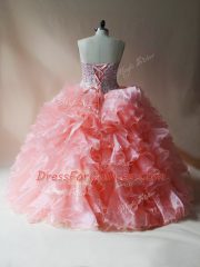 Designer Sleeveless Floor Length Beading and Ruffles Lace Up 15 Quinceanera Dress with Pink