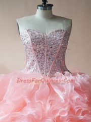 Designer Sleeveless Floor Length Beading and Ruffles Lace Up 15 Quinceanera Dress with Pink