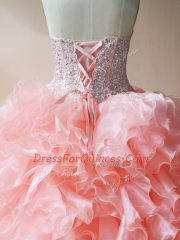 Designer Sleeveless Floor Length Beading and Ruffles Lace Up 15 Quinceanera Dress with Pink