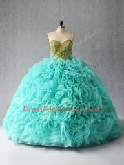 Flirting Sleeveless Beading and Ruffles Lace Up Vestidos de Quinceanera with Aqua Blue Court Train