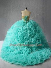 Flirting Sleeveless Beading and Ruffles Lace Up Vestidos de Quinceanera with Aqua Blue Court Train