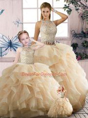 Sleeveless Zipper Floor Length Beading and Ruffles Quinceanera Gown