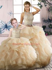 Sleeveless Zipper Floor Length Beading and Ruffles Quinceanera Gown