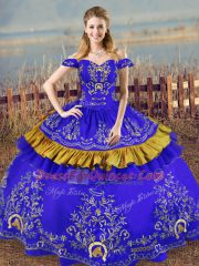 Blue Off The Shoulder Neckline Embroidery Quinceanera Dresses Sleeveless Lace Up