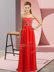 Shining Red Chiffon Lace Up Prom Gown Sleeveless Floor Length Beading