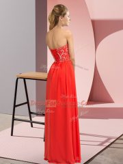Shining Red Chiffon Lace Up Prom Gown Sleeveless Floor Length Beading