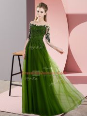 Ideal Olive Green Empire Beading and Lace Quinceanera Dama Dress Lace Up Chiffon Half Sleeves Floor Length