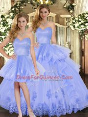 Amazing Sweetheart Sleeveless Quinceanera Dresses Floor Length Appliques and Ruffles Lavender Tulle