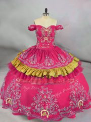 Delicate Hot Pink Ball Gowns Off The Shoulder Sleeveless Satin Floor Length Lace Up Embroidery Quinceanera Gown