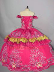 Delicate Hot Pink Ball Gowns Off The Shoulder Sleeveless Satin Floor Length Lace Up Embroidery Quinceanera Gown