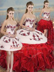 Pretty White And Red Ball Gowns Sweetheart Sleeveless Organza Floor Length Lace Up Embroidery and Ruffles and Bowknot Sweet 16 Dresses