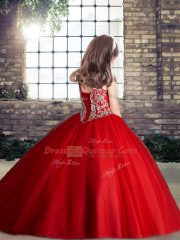 Custom Fit Off The Shoulder Sleeveless Little Girl Pageant Gowns Floor Length Appliques Rust Red Tulle