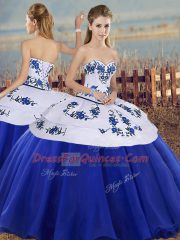 Cheap Royal Blue Ball Gown Prom Dress Military Ball and Sweet 16 and Quinceanera with Embroidery Sweetheart Sleeveless Lace Up