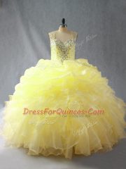 Yellow Organza Zipper 15th Birthday Dress Sleeveless Floor Length Beading and Ruffles