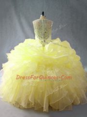 Yellow Organza Zipper 15th Birthday Dress Sleeveless Floor Length Beading and Ruffles