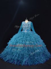 Exquisite Long Sleeves Floor Length Beading and Ruffled Layers Lace Up Quinceanera Dresses with Teal
