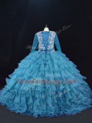 Exquisite Long Sleeves Floor Length Beading and Ruffled Layers Lace Up Quinceanera Dresses with Teal