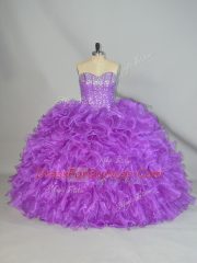 Designer Purple Ball Gowns Organza Sweetheart Sleeveless Beading and Ruffles Floor Length Lace Up Quinceanera Gowns