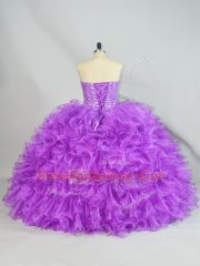 Designer Purple Ball Gowns Organza Sweetheart Sleeveless Beading and Ruffles Floor Length Lace Up Quinceanera Gowns