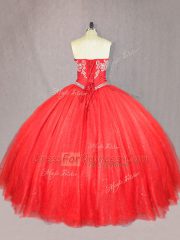Luxury Red Ball Gowns Tulle Sweetheart Sleeveless Beading Floor Length Lace Up 15 Quinceanera Dress
