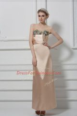 High Class Sleeveless Satin Floor Length Lace Up Prom Party Dress in Champagne with Lace and Appliques