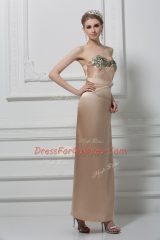 High Class Sleeveless Satin Floor Length Lace Up Prom Party Dress in Champagne with Lace and Appliques