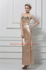 High Class Sleeveless Satin Floor Length Lace Up Prom Party Dress in Champagne with Lace and Appliques