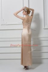 High Class Sleeveless Satin Floor Length Lace Up Prom Party Dress in Champagne with Lace and Appliques