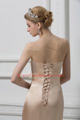 High Class Sleeveless Satin Floor Length Lace Up Prom Party Dress in Champagne with Lace and Appliques