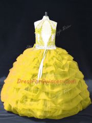 Gold Backless Halter Top Appliques and Pick Ups 15 Quinceanera Dress Organza Sleeveless