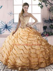 Fashionable Gold 15 Quinceanera Dress Sweetheart Sleeveless Brush Train Lace Up